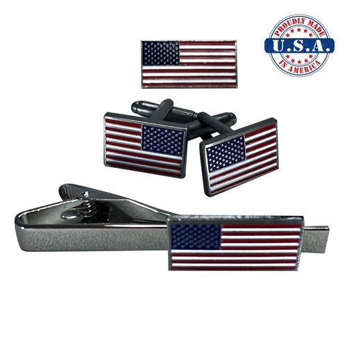 American Flag Full Set (Lapel Pin, Cuff Links, Tie Clip)