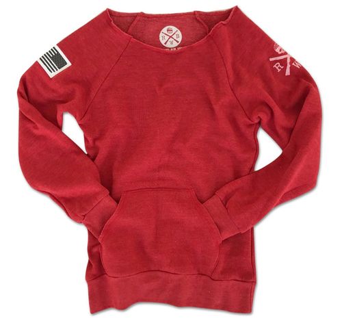 Women's American Flag Patch Pullover Off The Shoulder Sweatshirt (Heather Red)